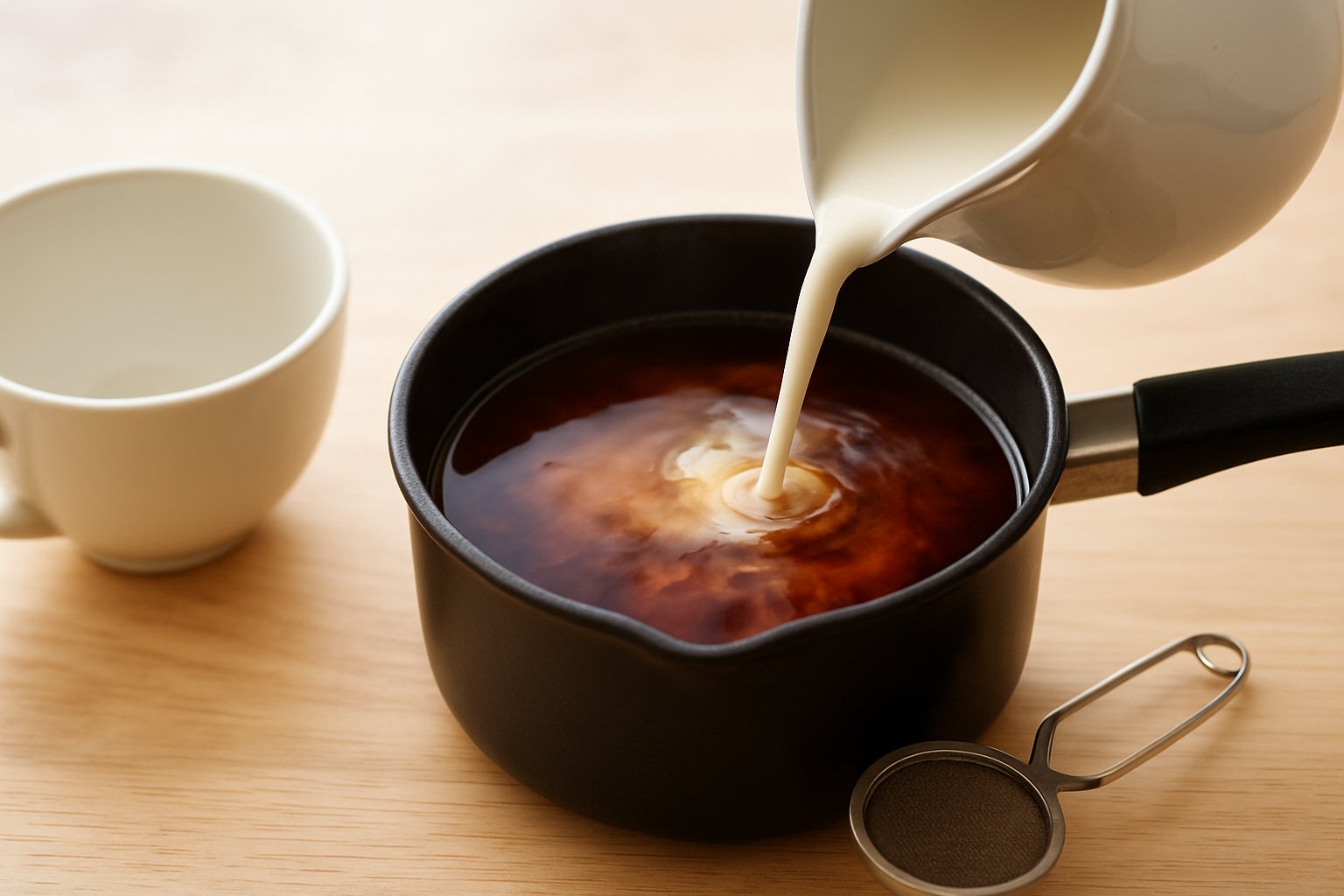 小鍋で煮出した濃い色の紅茶に牛乳を注いでいる様子。横にティーカップと茶こしが置かれている(明るめのライフスタイル写真風)