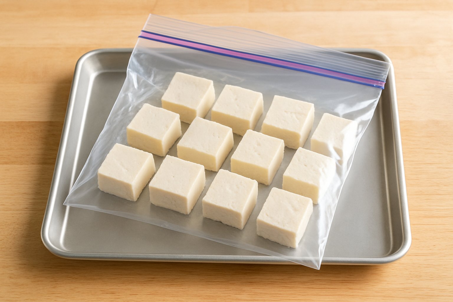 角切りにした豆腐を冷凍用保存袋に重ならないよう並べ、金属バットにのせている様子（明るめのライフスタイル写真風）