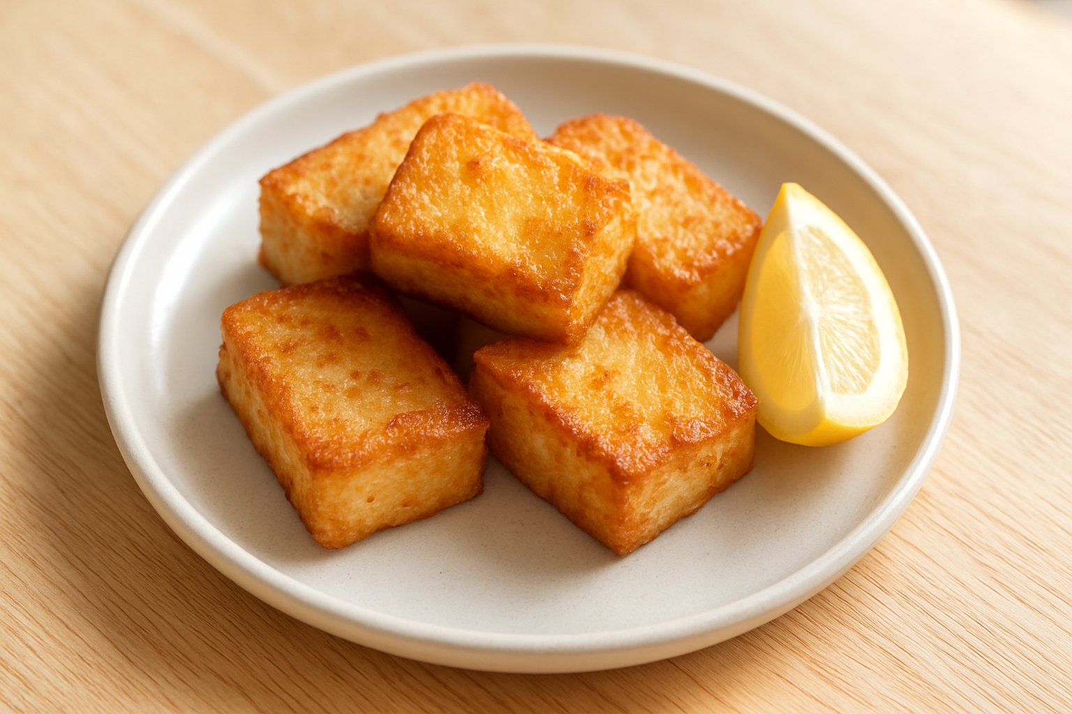 お皿に盛りつけた、きつね色に揚げ焼きした冷凍豆腐の唐揚げとレモン（明るめのライフスタイル写真風）