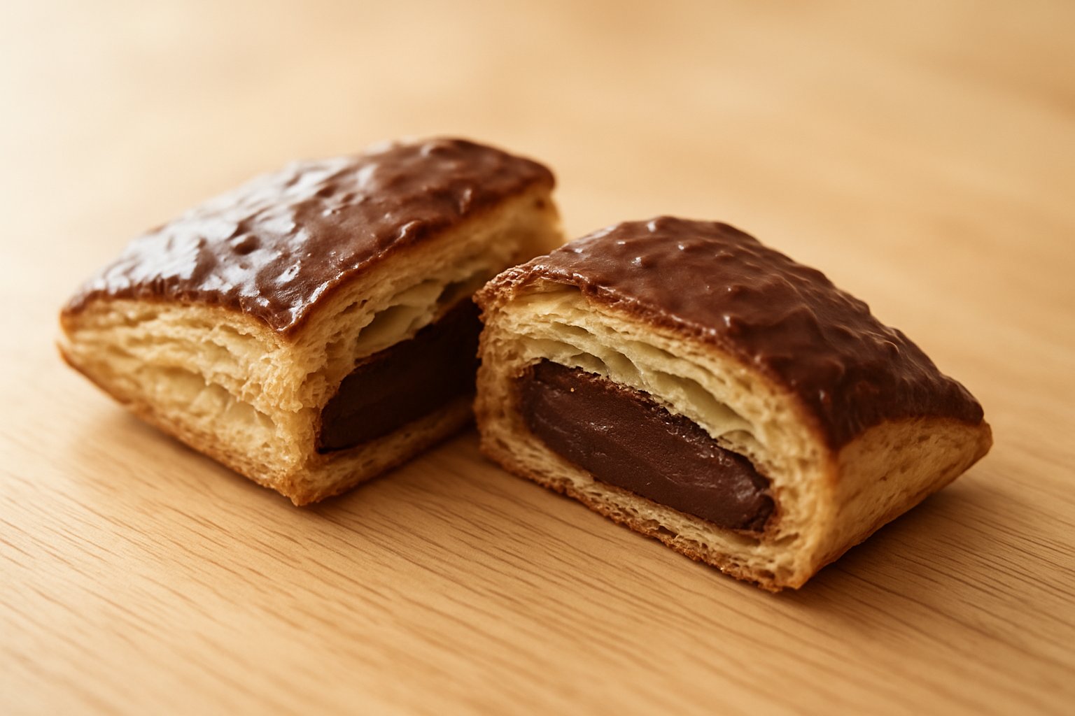 明るい木のテーブルの上で、半分に切った三角形のチョコパイの断面を見せたところ。中の固まったチョコクリームとサクサクのパイ生地が見える