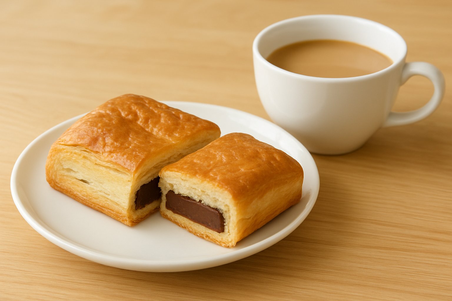 明るい木のテーブルの上の白い皿に、焼き色の薄い白っぽい長方形のデニッシュパンが置かれ、半分に切った断面から厚みのある茶色い板チョコが見えている様子。横にミルクティーのカップ。