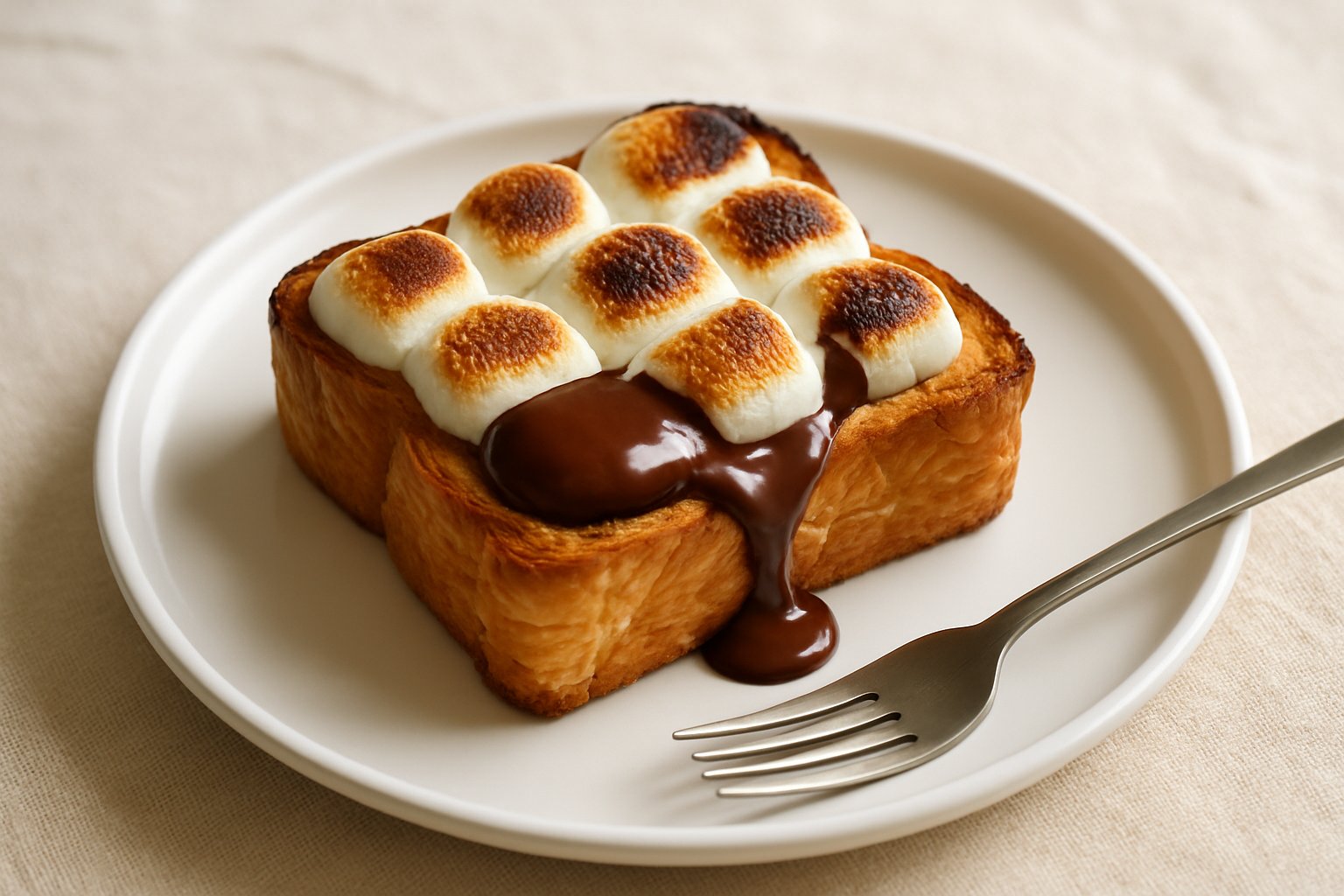 横半分に切ったデニッシュパンの上に、こんがり焼き色のついたマシュマロととろけたチョコがのっている様子を、明るい自然光で斜め上から。白い皿とフォーク。