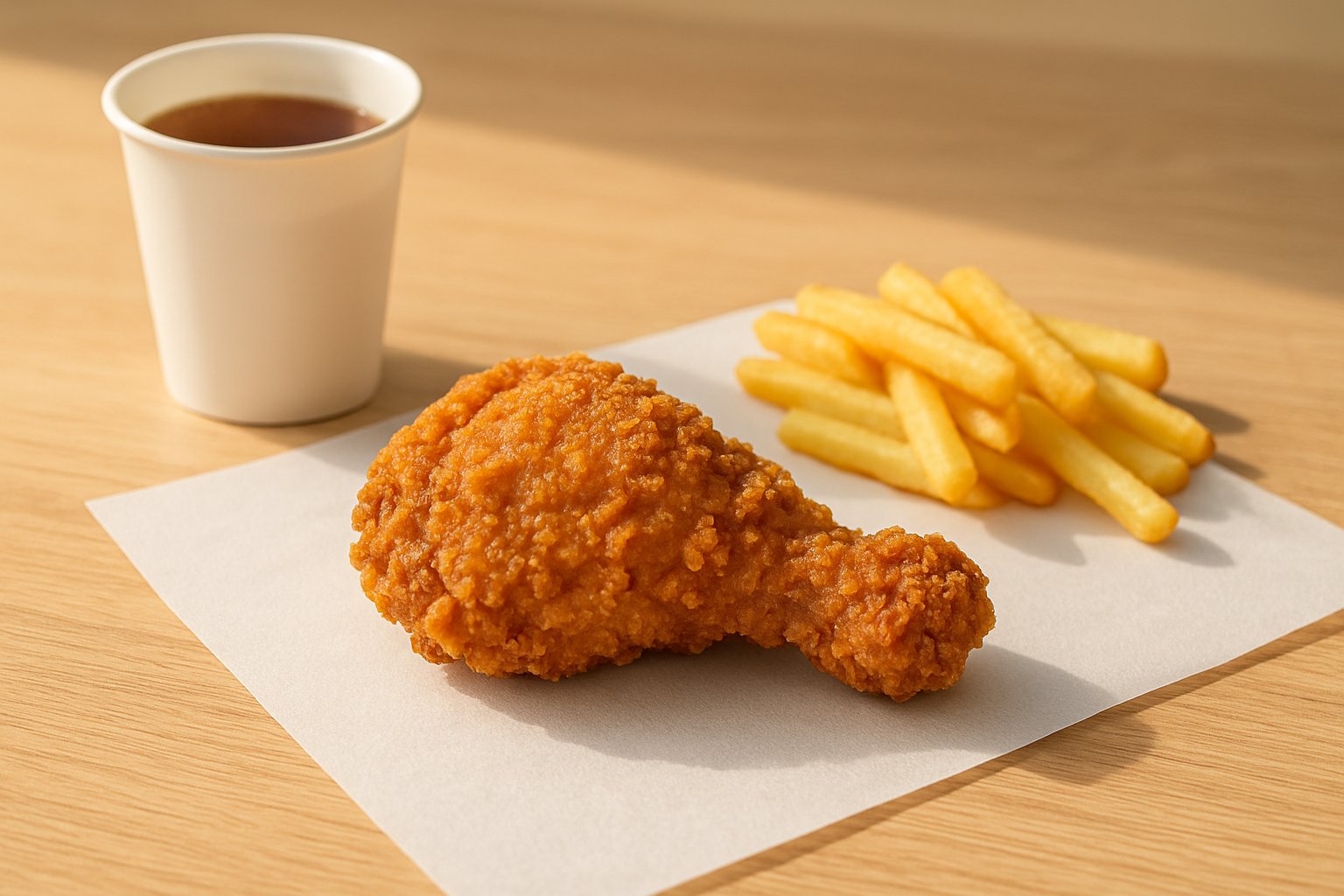 明るい木のテーブルの上の白い紙の上に、表面がでこぼこした衣の骨なしフライドチキンが1枚置かれ、横に紙コップの飲み物とフライドポテトが少しある様子