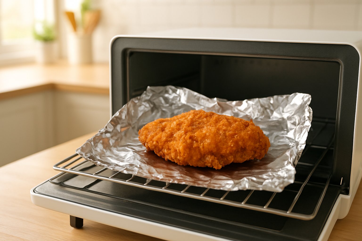 明るいキッチンで、オーブントースターの網の上に、アルミホイルを少し開いた状態で骨なしフライドチキンが1枚のっている様子
